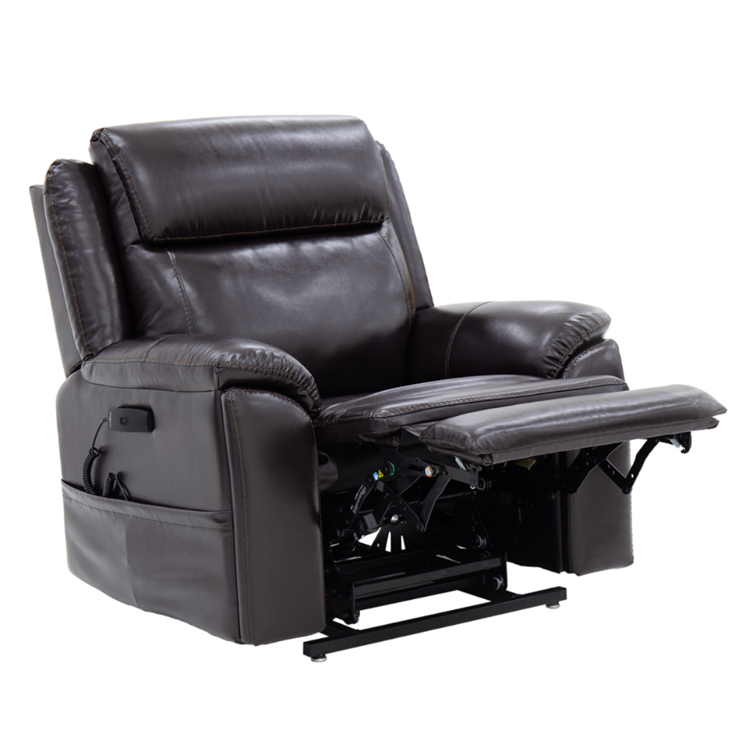 The Pride Mobility Evolution Collection Power Lift Recliner features a dark brown leather finish, padded armrests and backrest, an extended footrest, and a visible metal reclining mechanism for premium comfort.