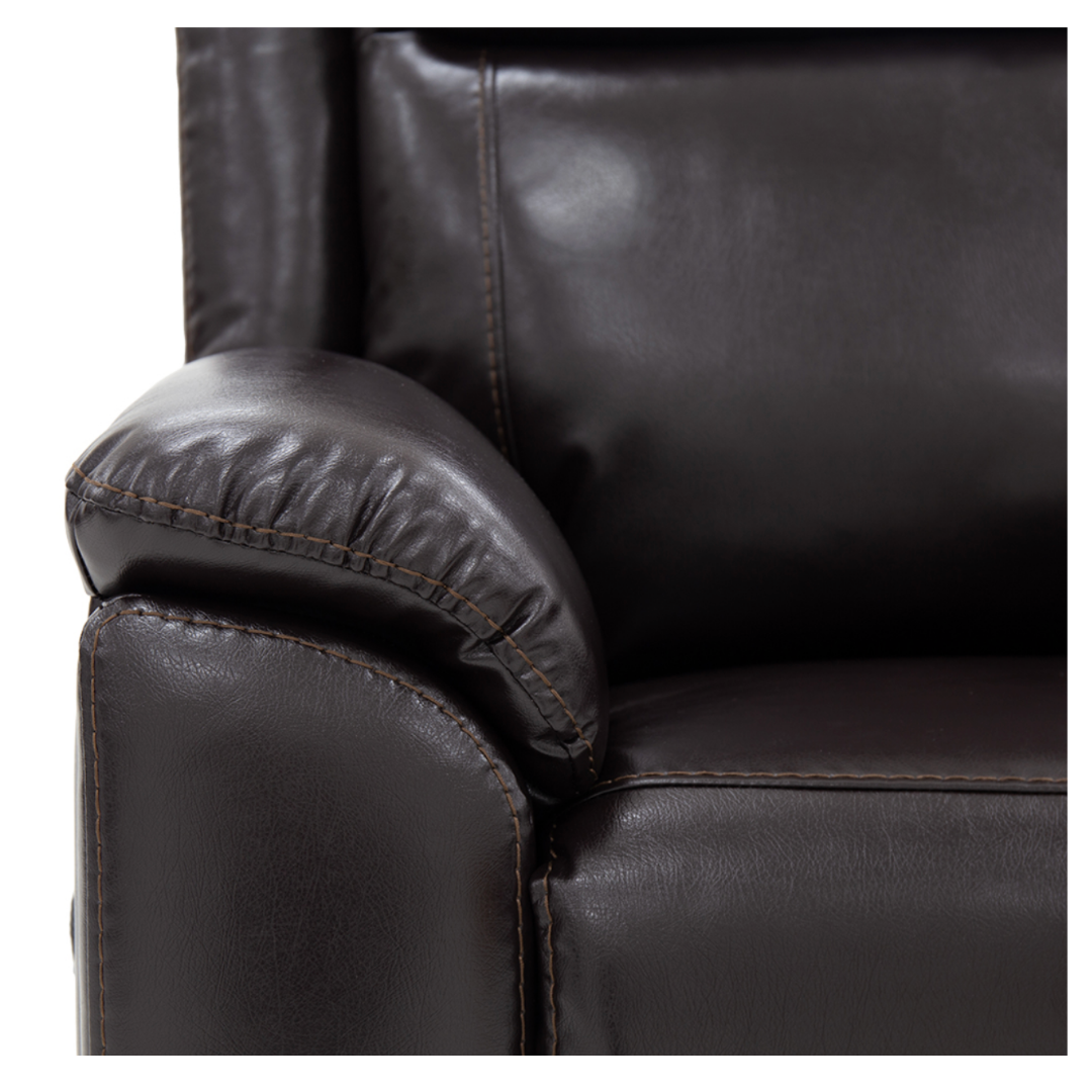 Close-up of a dark brown leather Pride Mobility Evolution Collection Power Lift Recliner, highlighting the left cushioned armrest, seat, and backrest with visible stitching—showcasing premium recliner features.