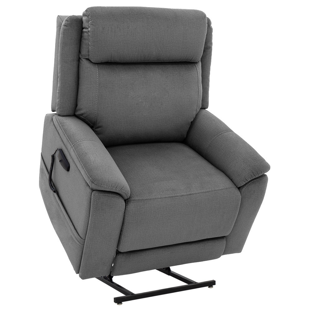 The Pride Mobility Evolution Collection Power Lift Recliner, shown in gray upholstery, features padded armrests, plush fabric, a side control panel, and a metal lifting mechanism for easy elevation.