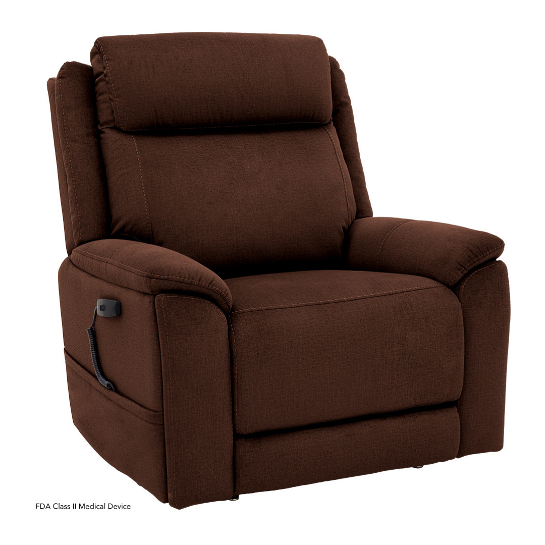A brown Pride Mobility Evolution Collection Power Lift Recliner with padded armrests, backrest, and premium features like a left-side wired remote sits on a white background.