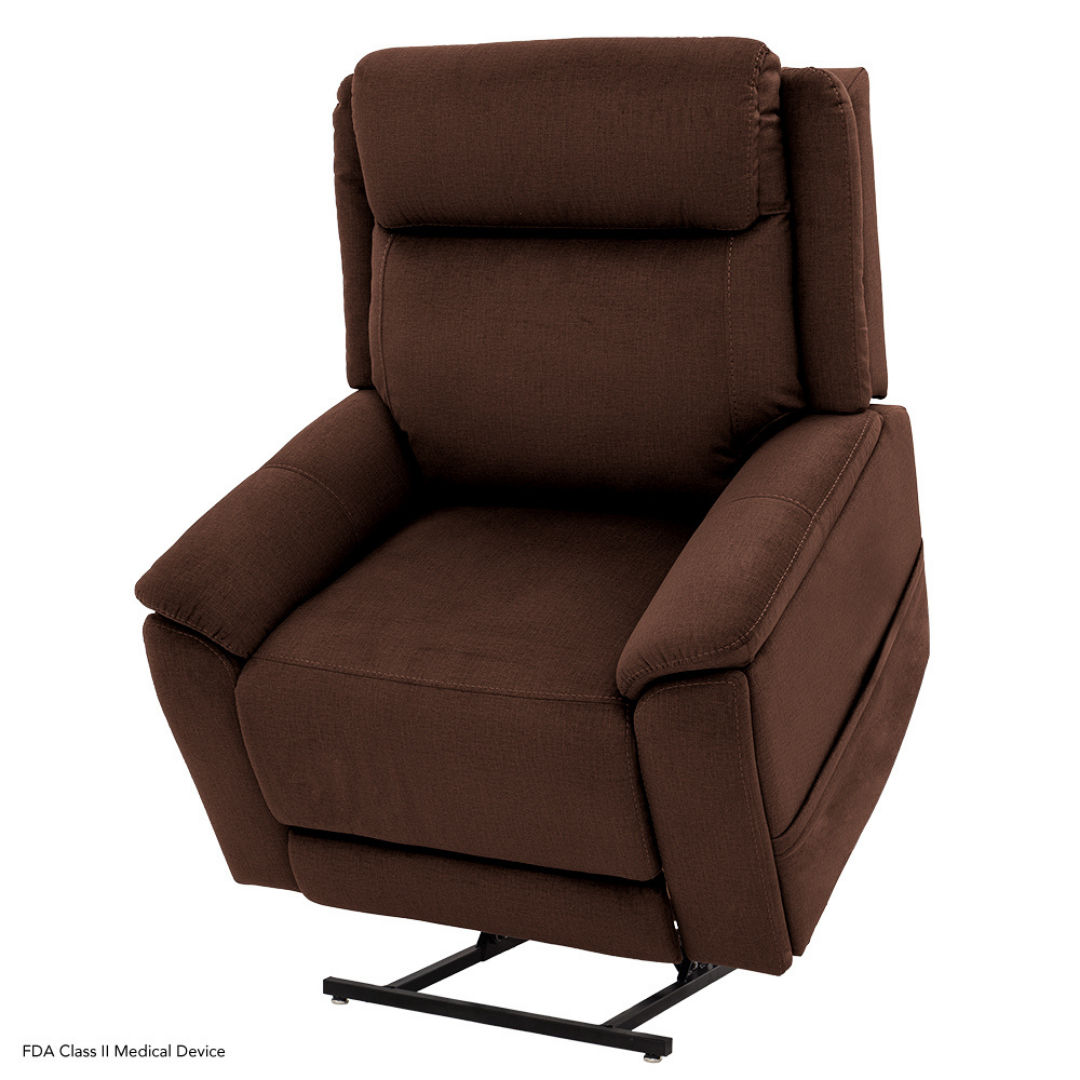 The Pride Mobility Evolution Collection Power Lift Recliner in brown upholstery features padded armrests, a high back, premium lift functionality, and a sturdy metal base visible in its partially raised position.