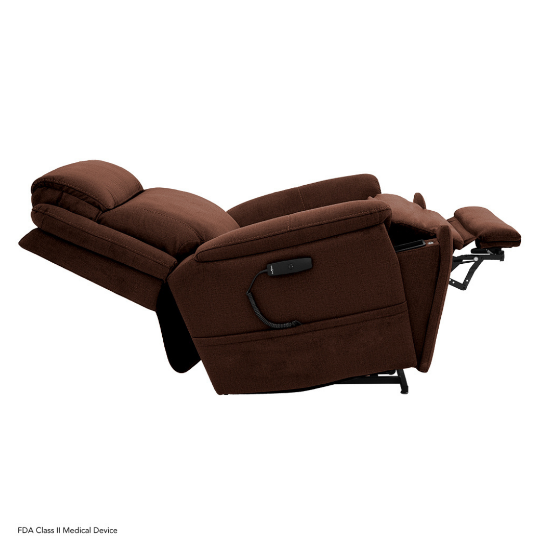 The Pride Mobility Evolution Collection Power Lift Recliners, shown fully reclined with footrest extended and headrest tilted back, feature premium functions for ultimate comfort and relaxation.