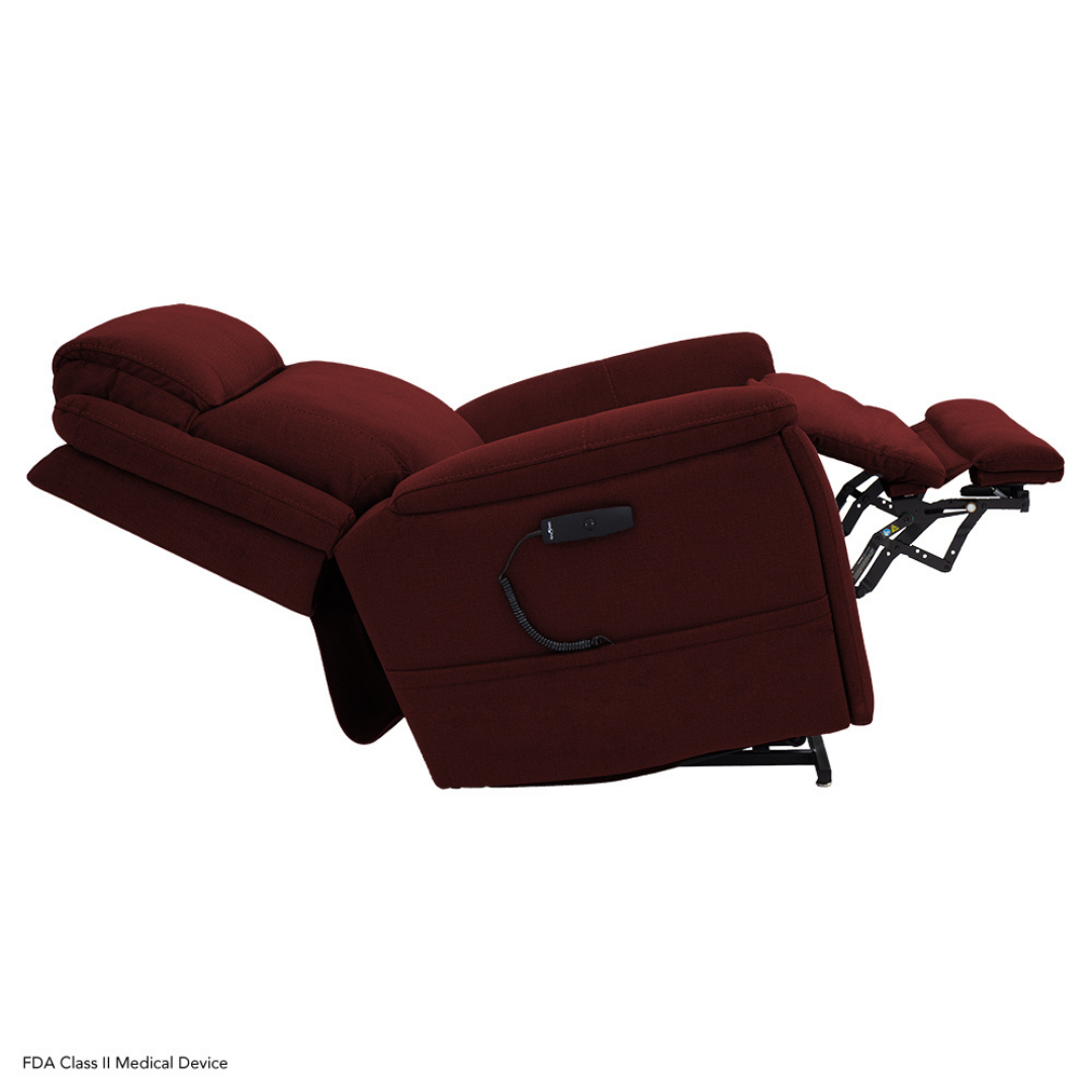 A maroon Pride Mobility Evolution Collection Power Lift Recliner, fully extended with backrest tilted and footrest raised, features a wired remote attached to the side. Shown on a white background.