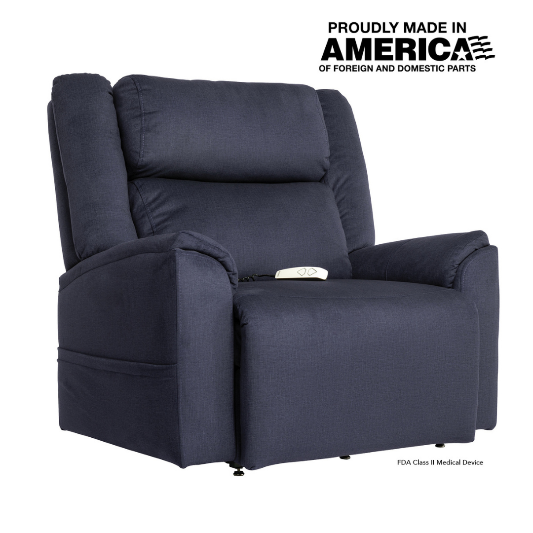 The Pride Mobility Evolution Collection Power Lift Recliners is a navy blue chair with premium features and a handheld remote, labeled Proudly Made in America of Foreign and Domestic Parts and FDA Class II Medical Device in the upper right corner.