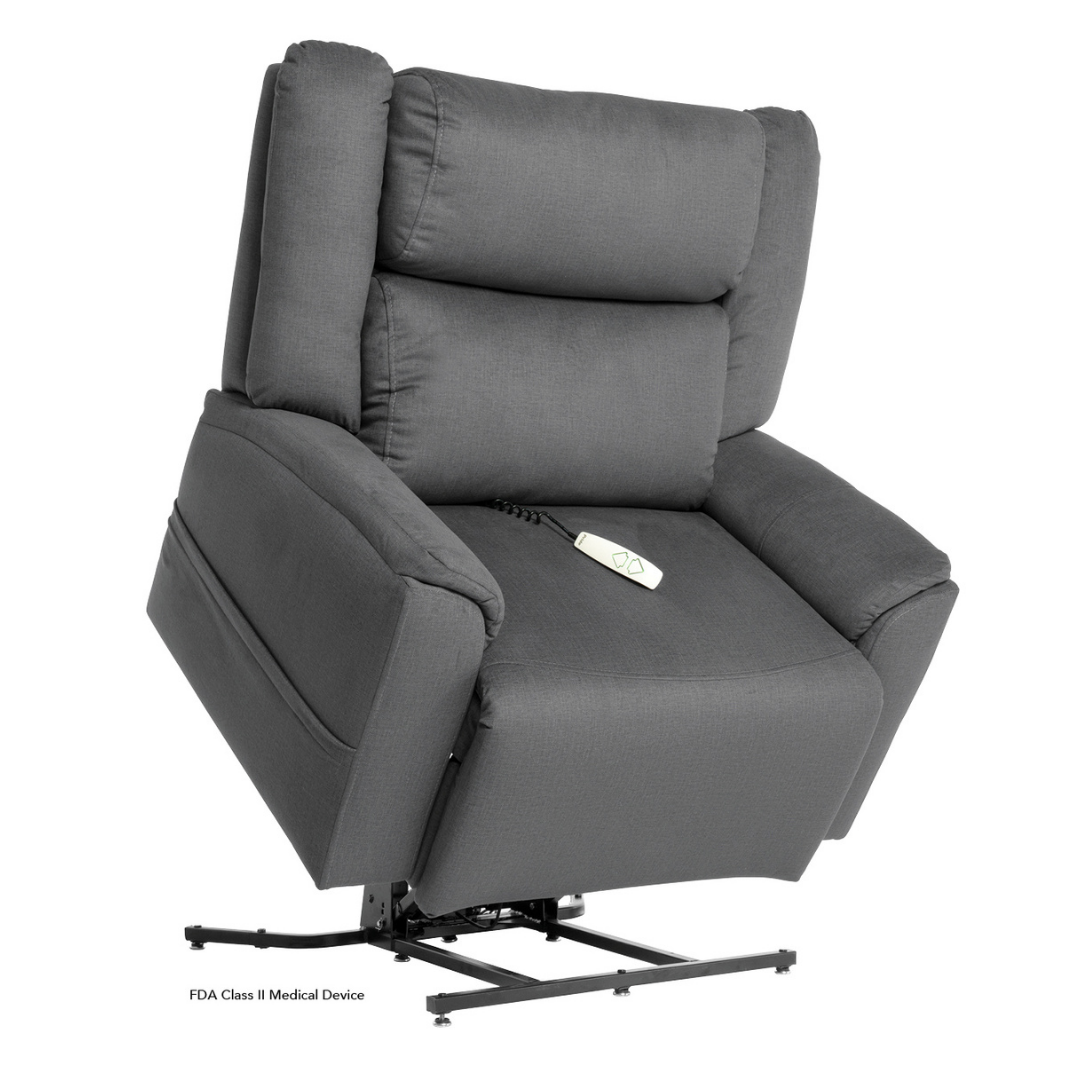 The Pride Mobility Evolution Collection Power Lift Recliner in dark gray features plush cushions and a seat-mounted remote, shown partially elevated to help users stand up.
