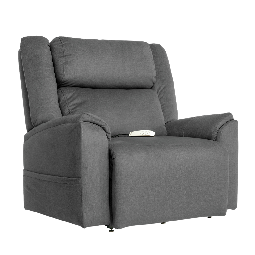 A large, cushioned gray Pride Mobility Evolution Collection Power Lift Recliner with premium features and a remote control on the seat, shown against a plain white background.