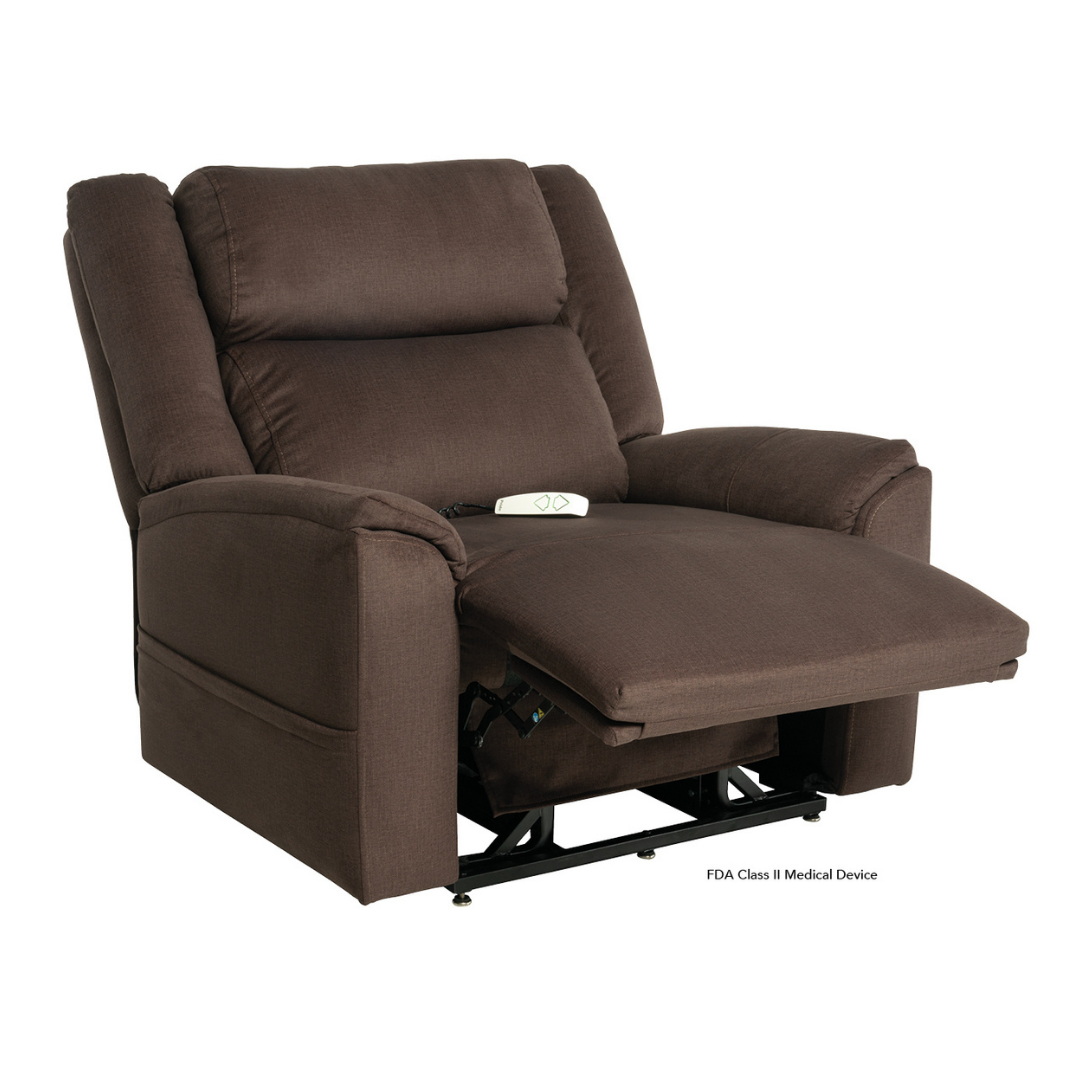 The Pride Mobility Evolution Collection Power Lift Recliner, shown in brown with cushioning, an extended footrest, and premium features including a seat remote control, is displayed against a white background.