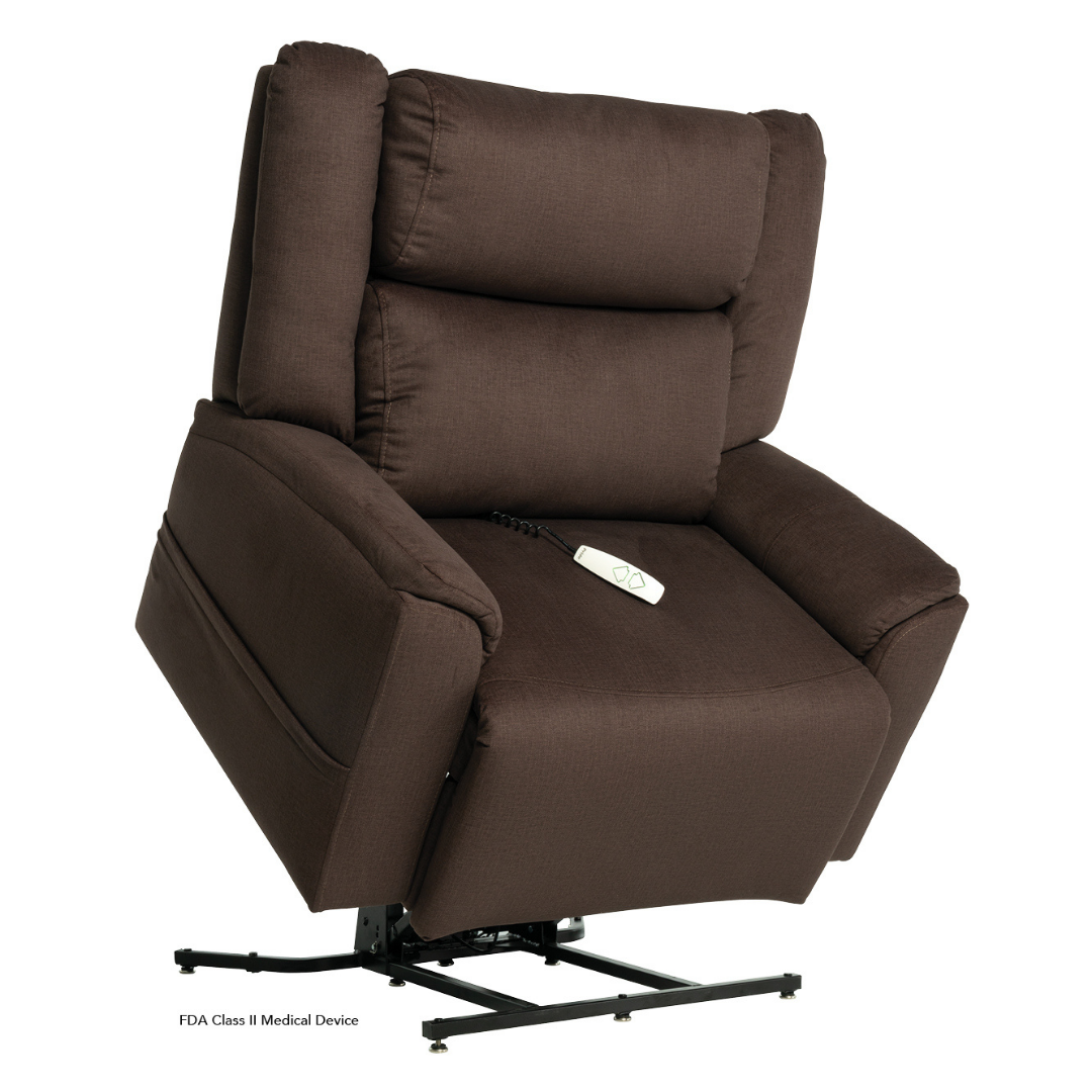 The Pride Mobility Evolution Collection Power Lift Recliner, shown in brown upholstery with remote control and metal base visible, is partially elevated. Corner text reads: FDA Class II Medical Device.