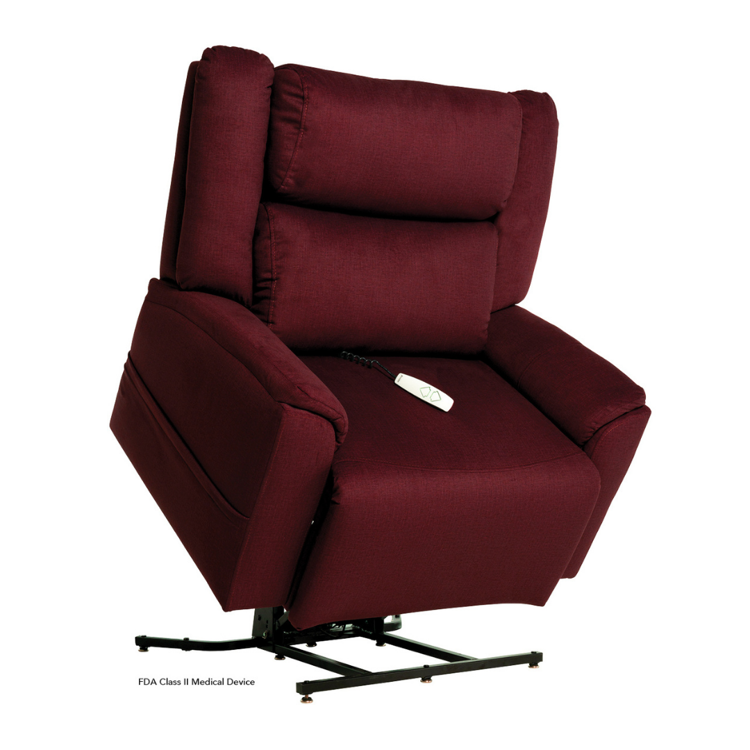 A Pride Mobility Evolution Collection Power Lift Recliner in burgundy, with plush cushions and a remote control, is shown partially raised to help users stand.