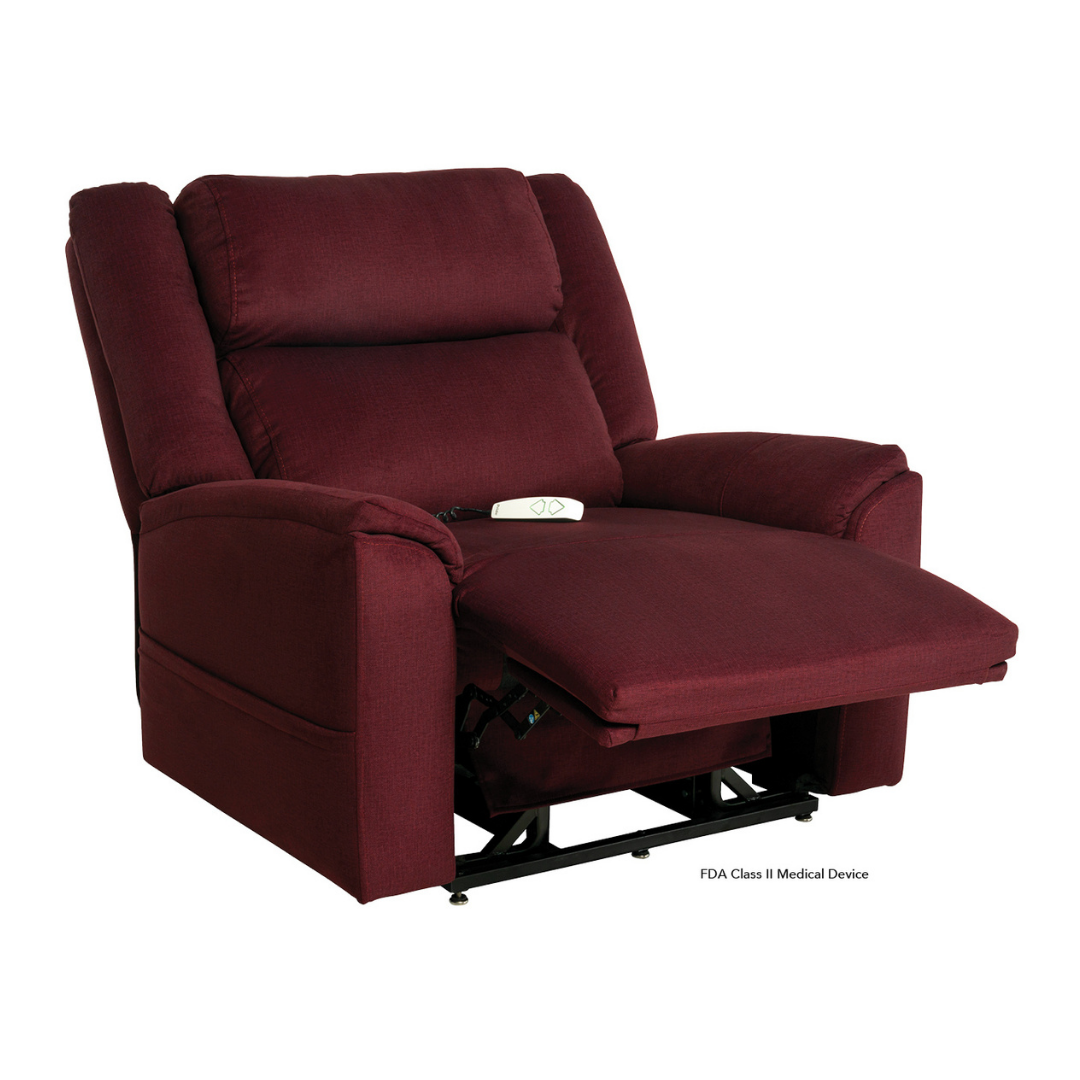 A Pride Mobility Evolution Collection Power Lift Recliner in burgundy, partially reclined with footrest extended, features premium options and a remote control resting on the seat.