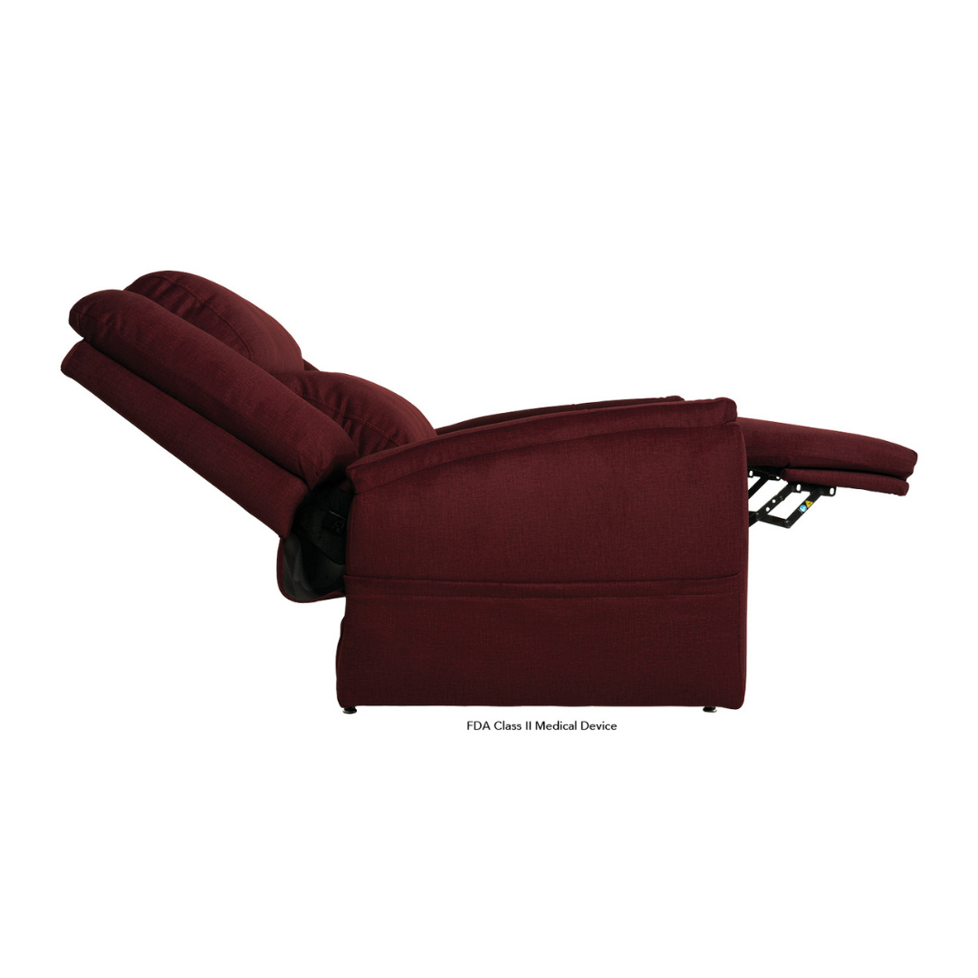 A Pride Mobility Evolution Collection Power Lift Recliner in maroon is displayed partially reclined with the leg rest extended and backrest tilted back against a white background, highlighting its premium comfort.