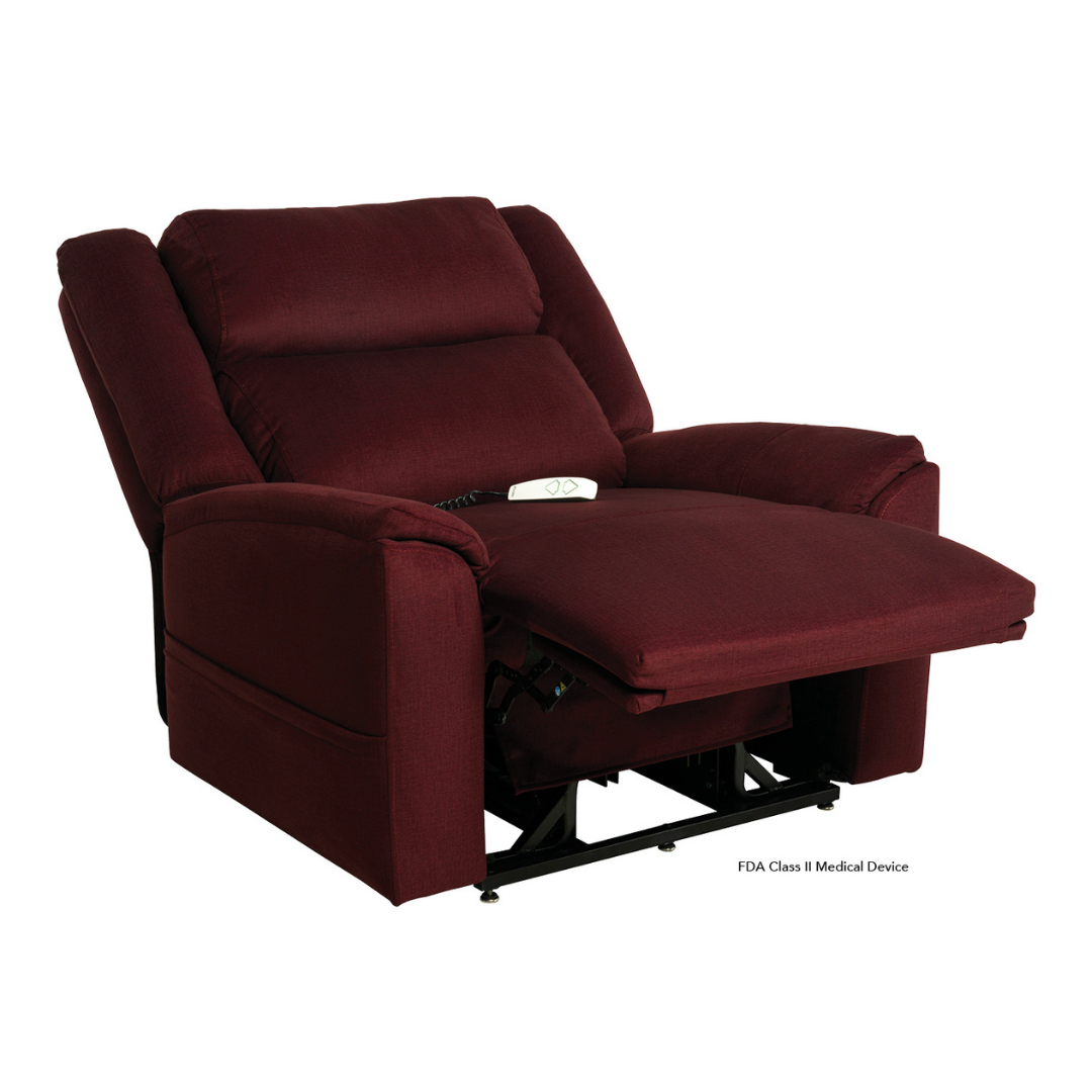 The Pride Mobility Evolution Collection Power Lift Recliner, FDA Class II, features maroon upholstery, a remote control on the seat, and a partially extended footrest.