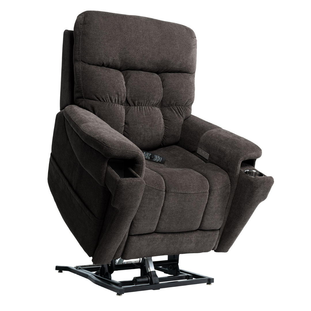 The Pride VivaLift Ultra PLR4955 Recliner with Lift Assist features heat and massage, a built-in lift mechanism for standing assistance, plush dark brown upholstery, wide armrests, true-infinite positioning, and an easy-to-use remote.
