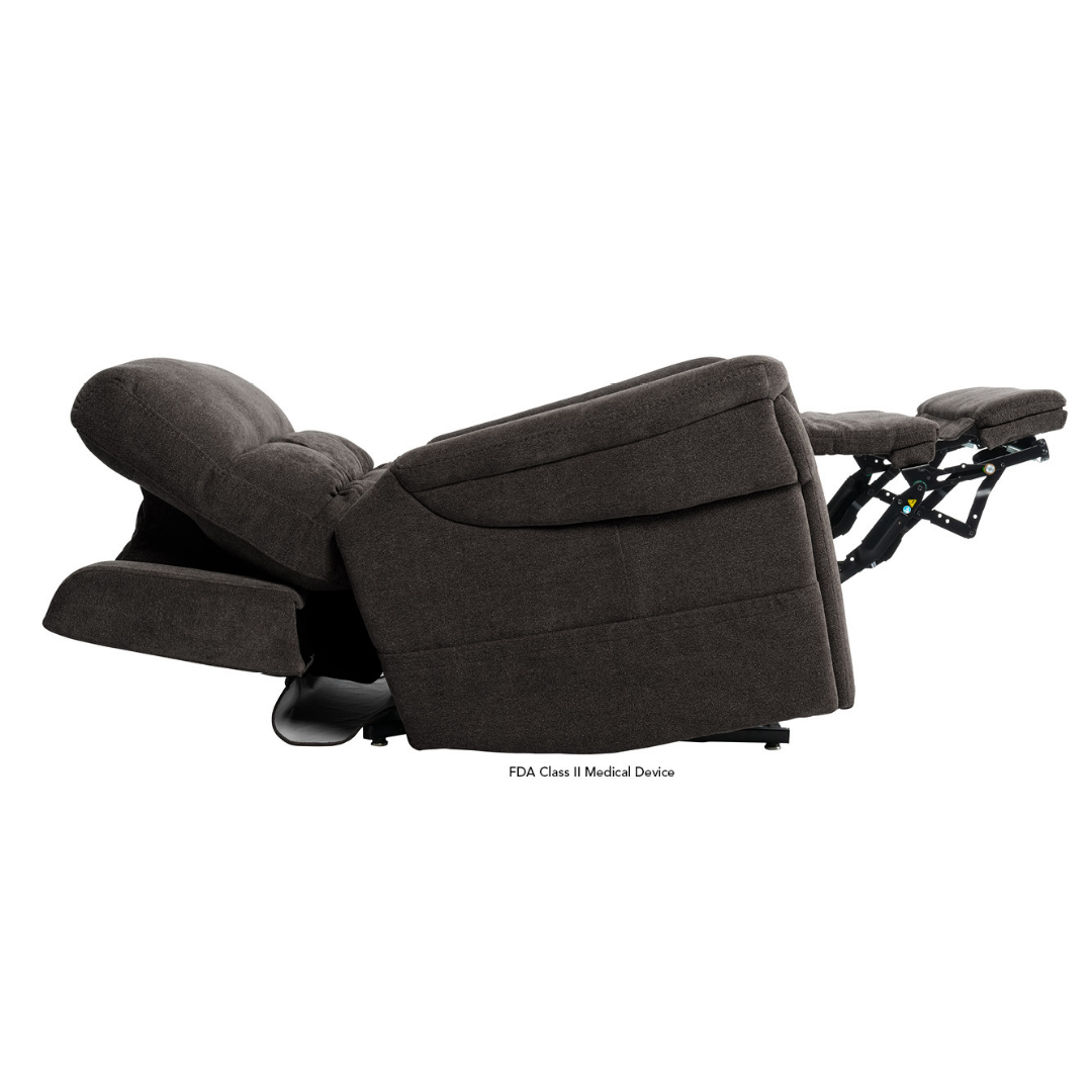A dark brown Pride VivaLift Ultra PLR4955 Recliner with Lift Assist, Heat, and Massage is fully reclined with the footrest extended and backrest tilted, shown against a white background.