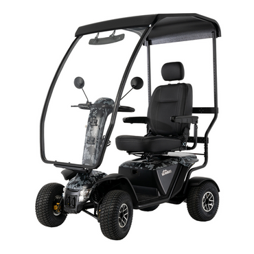 The Pride Baja® Wrangler® 2 Heavy Duty Outdoor Scooter with Canopy is a four-wheeled, single-seat mobility scooter featuring a roof, clear windshield, camouflage front and steering column, large cushioned seat, side mirrors, and outstanding outdoor performance.