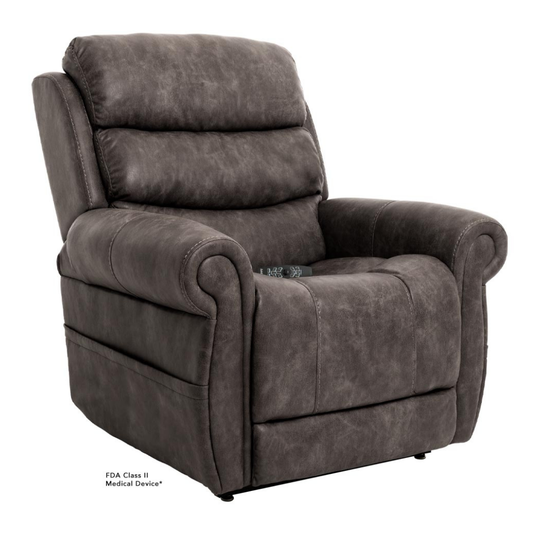 The Pride Mobility VivaLift!® Tranquil 2 Recliner with Lift Assist, shown at an angle on a white background, features dark gray leather upholstery, thick padded armrests and backrest for personalized comfort and support.