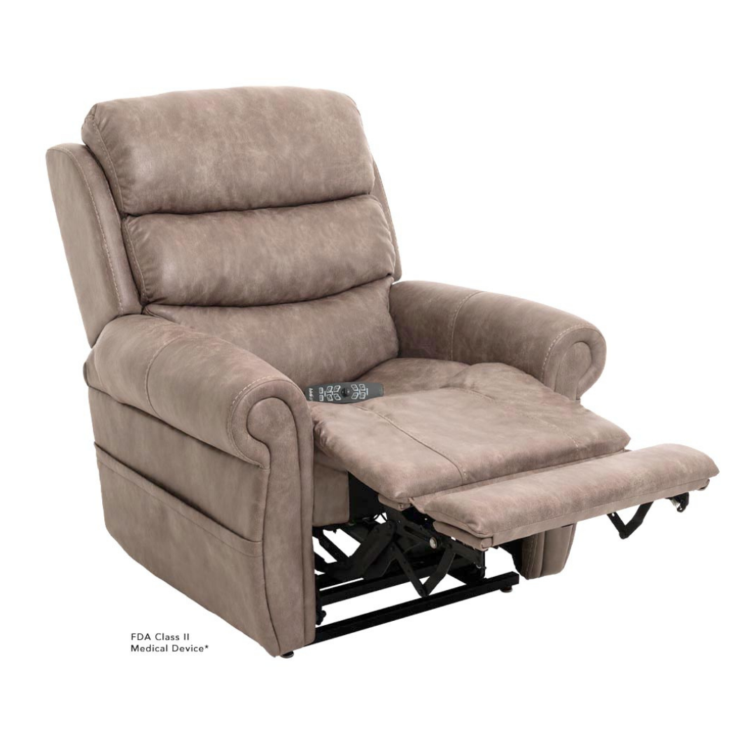 The Pride Mobility VivaLift!® Tranquil 2 Recliner with Lift Assist in beige features padded armrests, a high backrest, an extended footrest showing the reclining mechanism, and a remote control for personalized comfort.