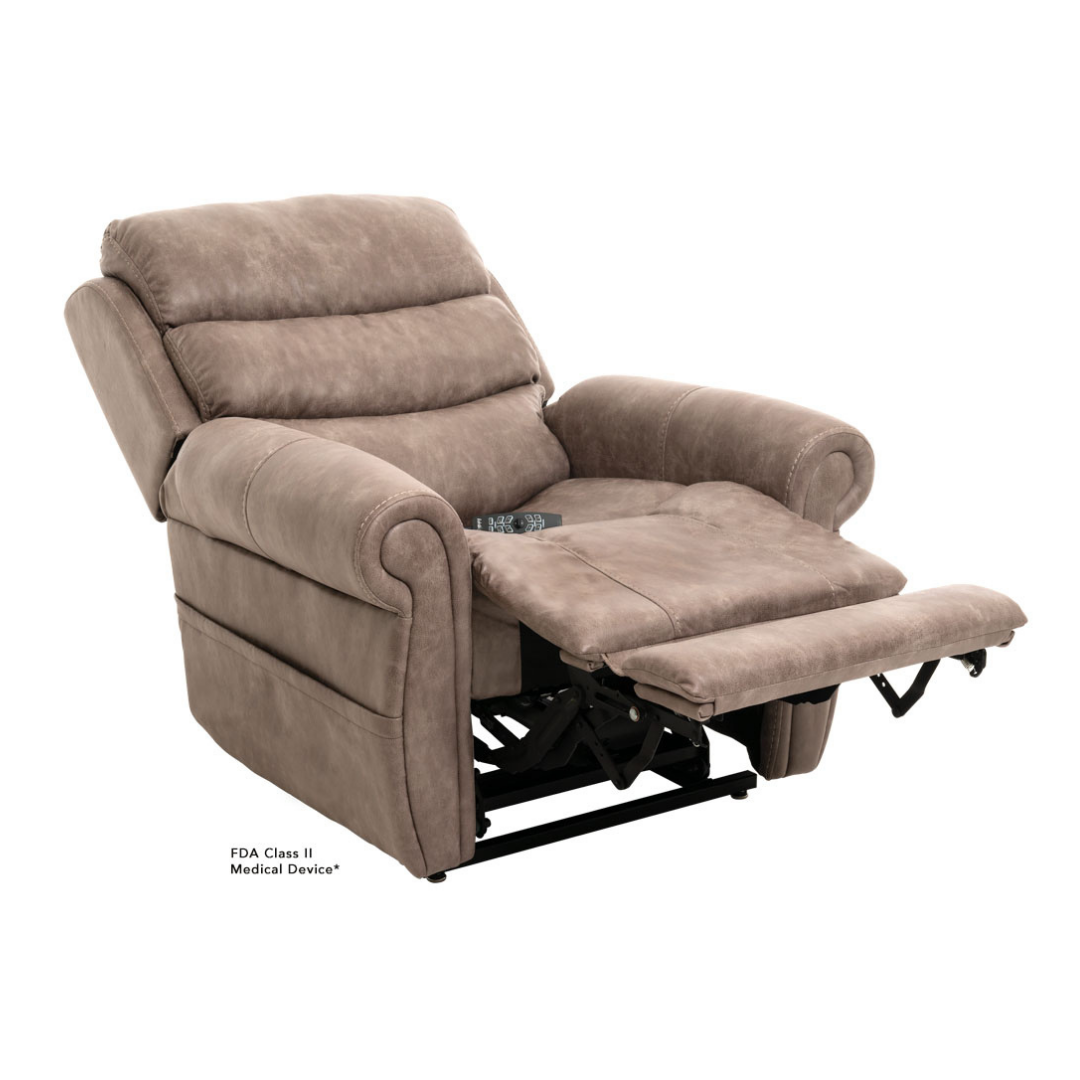 The Pride Mobility VivaLift!® Tranquil 2 Recliner with Lift Assist is a beige, cushioned power lift chair featuring an extended footrest and built-in cup holder, designed for personalized comfort and sophisticated medical support.