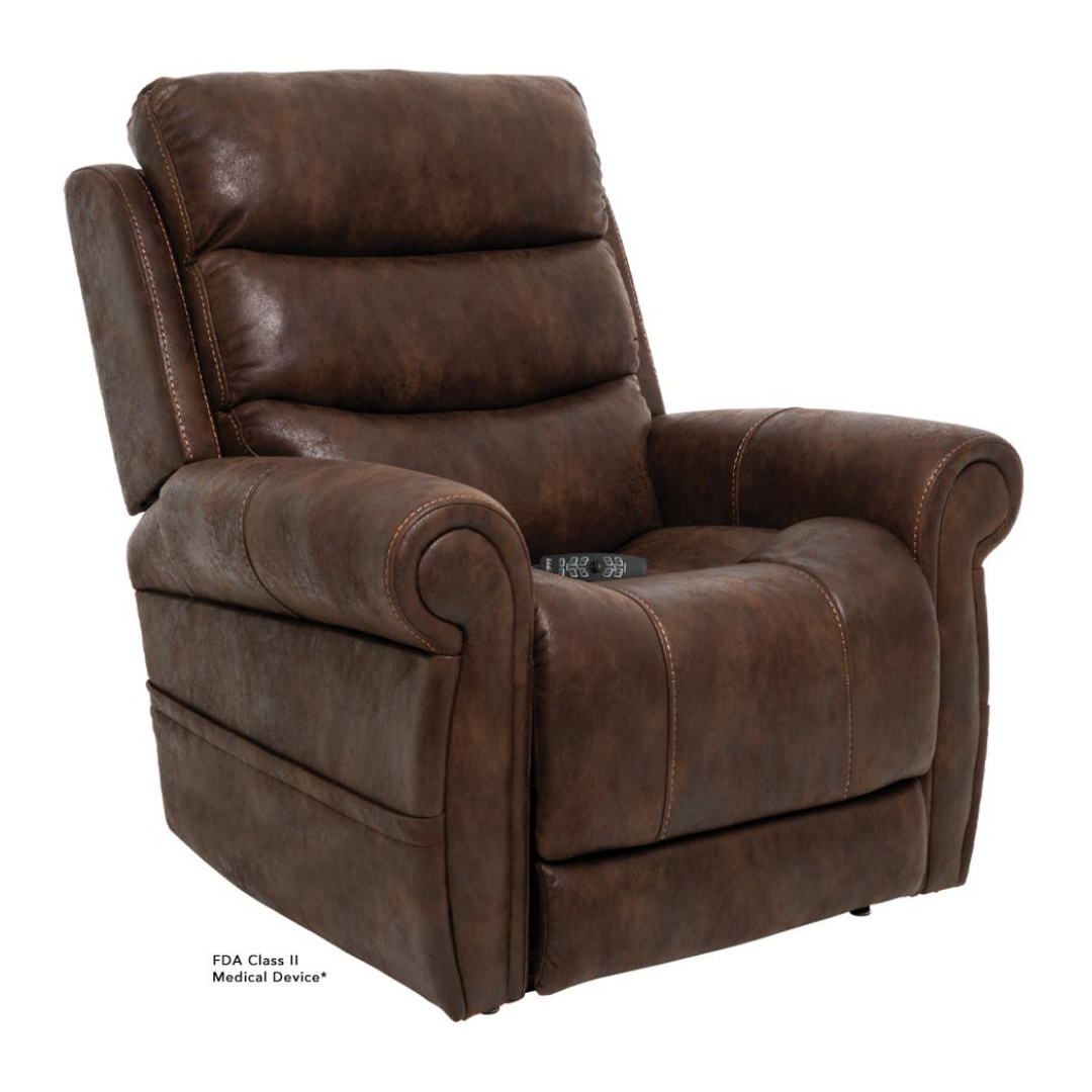 The Pride Mobility VivaLift!® Tranquil 2 Recliner with Lift Assist, shown in brown leather with padded cushions, rolled arms, and visible stitching, includes a remote control on the seat for personalized comfort and style.