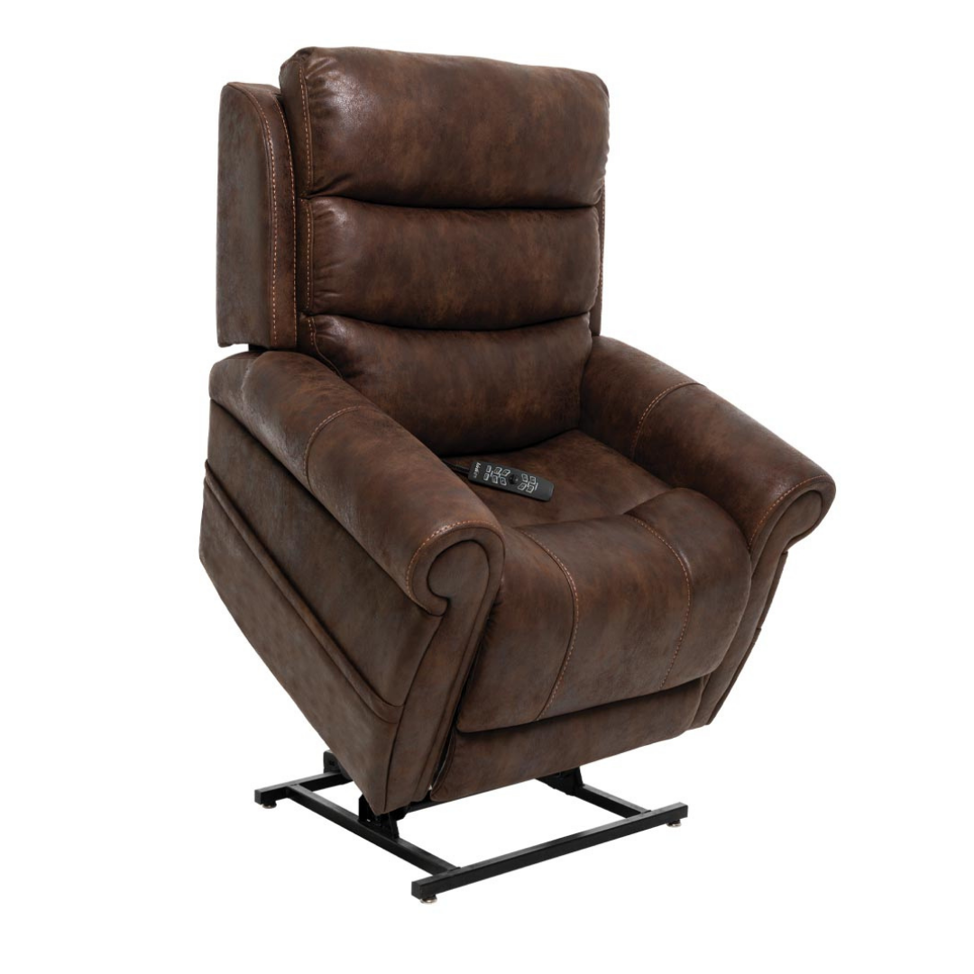 The Pride Mobility VivaLift!® Tranquil 2 Recliner with Lift Assist features plush brown leather cushions, an extended footrest, remote control for custom comfort, and a sturdy metal lift mechanism for easy raising.