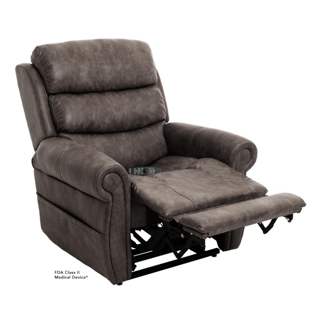 The Pride Mobility VivaLift!® Tranquil 2 Recliner with Lift Assist is a plush, dark gray power lift chair with padded armrests, extended footrest, leather or faux leather upholstery, and is FDA Class II Medical Device.