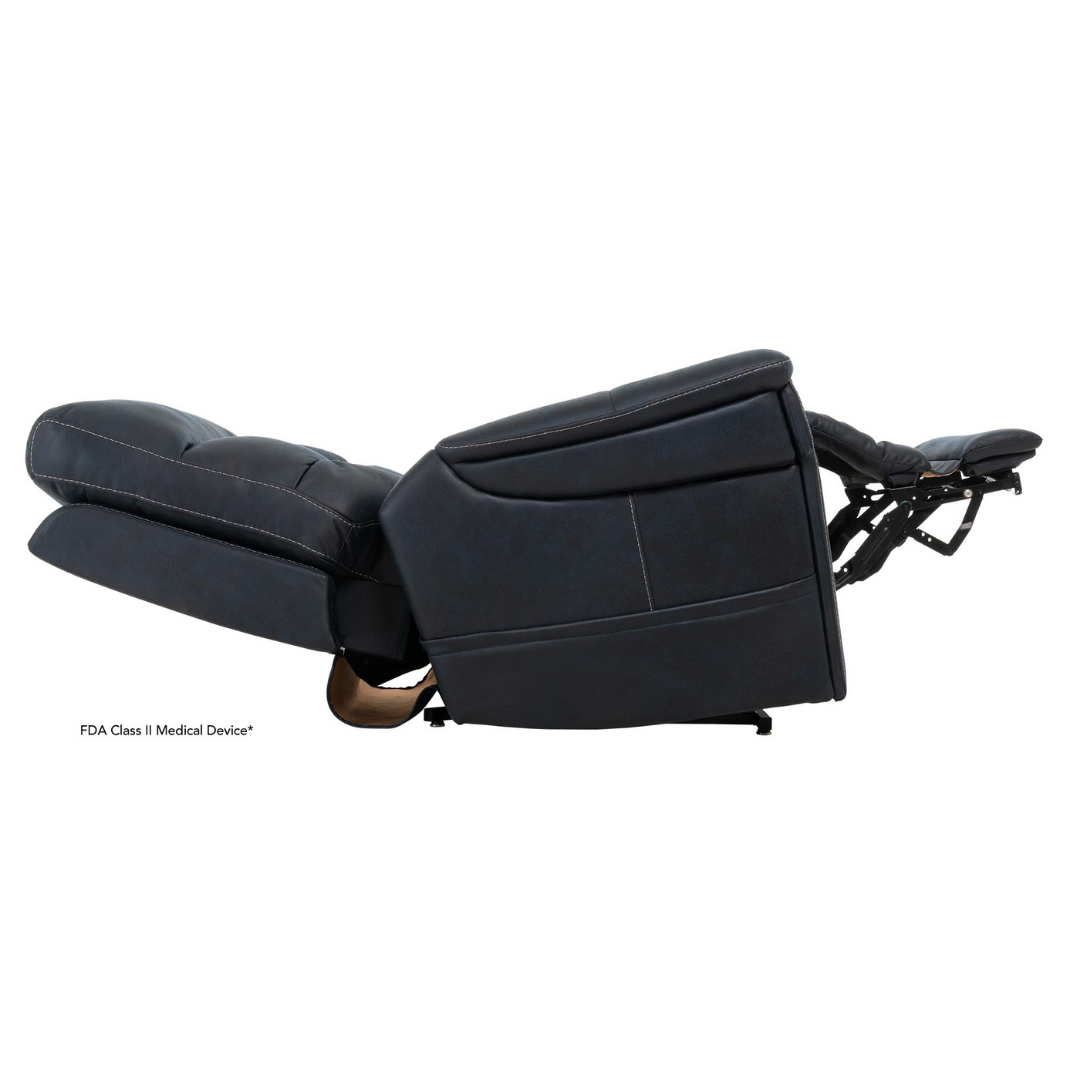 The Pride Mobility VivaLift! Radiance Recliner with Lift Assist & Heat is a black power armchair, shown fully reclined with extended footrest and lowered backrest, offering infinite positioning for personalized comfort and support.