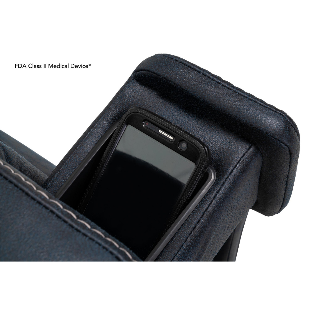 Close-up of the black leather armrest on the Pride Mobility VivaLift! Radiance Recliner with Lift Assist & Heat, featuring a built-in smartphone slot. “FDA Class II Medical Device*” appears in the background.