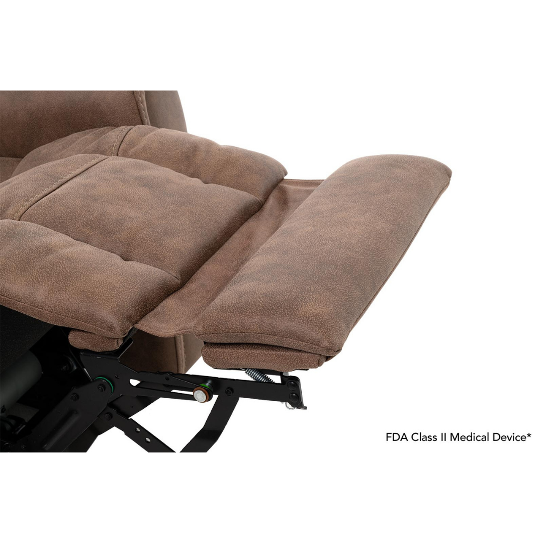 Close-up of the extended footrest on the Pride Mobility VivaLift! Radiance Recliner with Lift Assist & Heat, highlighting soft cushioning and metal support. Text in corner: FDA Class II Medical Device*.