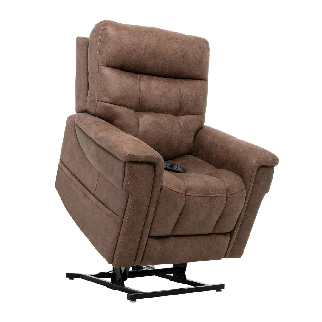 The Pride Mobility VivaLift! Radiance Recliner with Lift Assist & Heat is a brown upholstered power recliner, shown partially lifted to reveal its black metal base and a remote control resting on the seat.