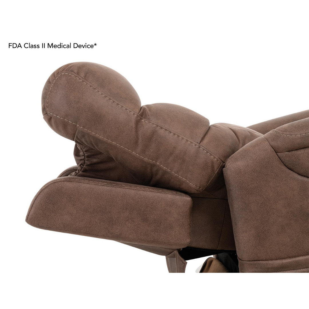 A brown Pride Mobility VivaLift! Radiance Recliner with Lift Assist & Heat, partially extended, features cushioned backrest and armrests. FDA Class II Medical Device* appears in text at the upper left corner.