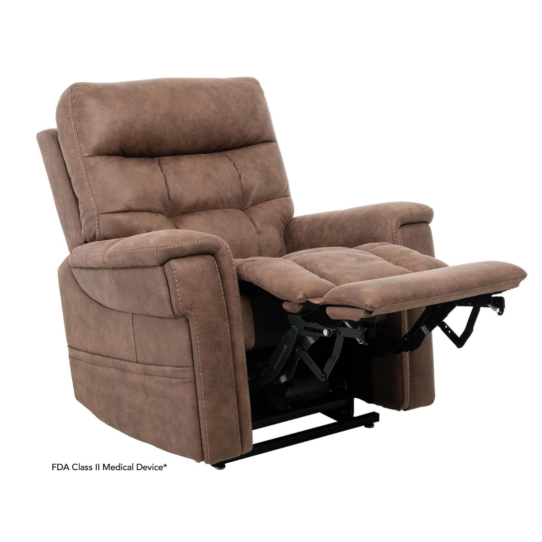 The Pride Mobility VivaLift! Radiance Recliner with Lift Assist & Heat is a brown, plush chair with thick cushions, visible stitching, an extended footrest, and infinite positioning for comfort and medical support.