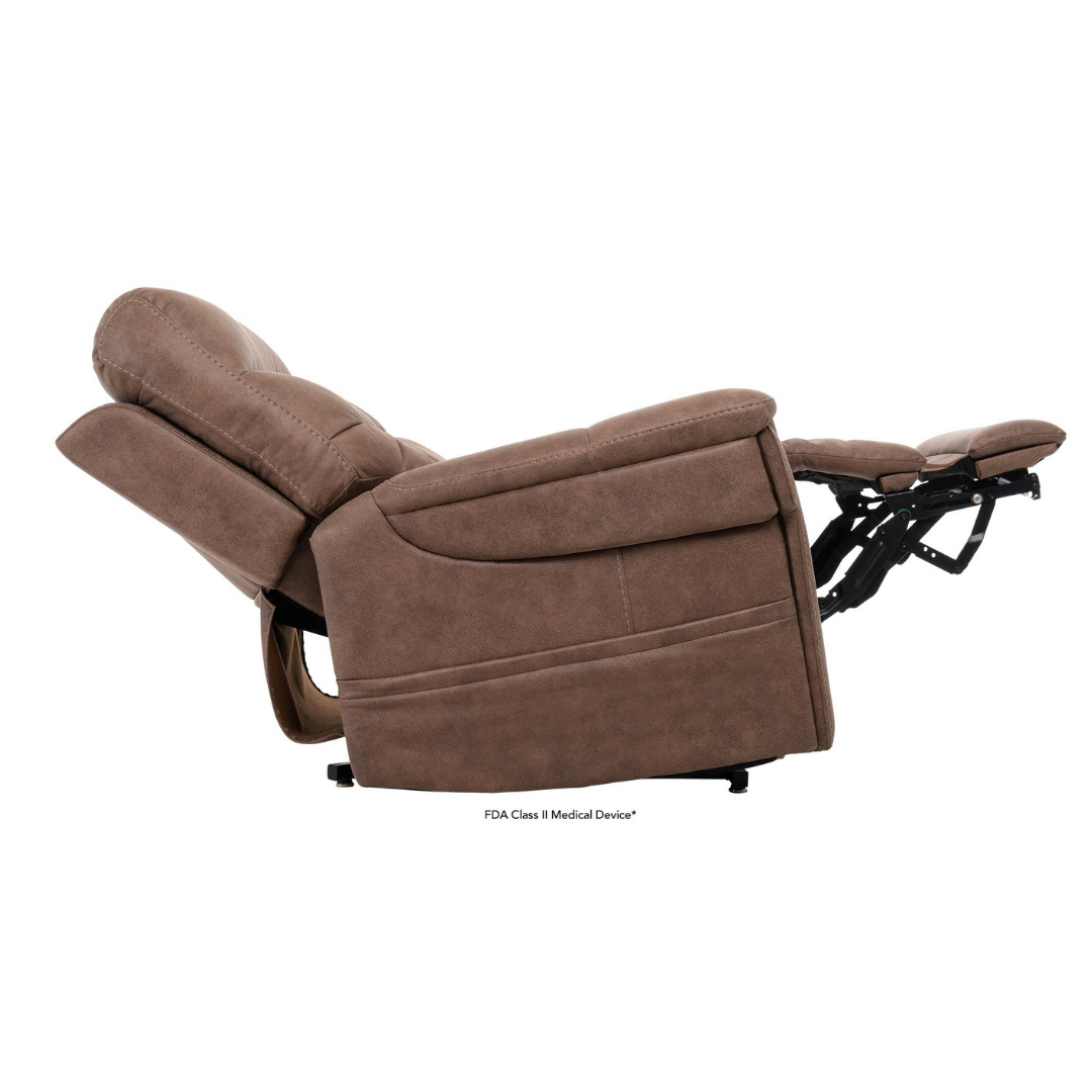 The Pride Mobility VivaLift! Radiance Recliner with Lift Assist & Heat is fully extended, displaying its raised footrest and reclined backrest for ultimate comfort and relaxation with infinite positioning.