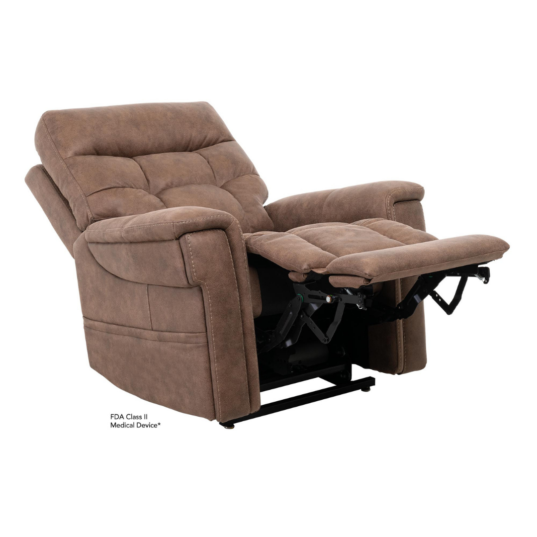 The Pride Mobility VivaLift! Radiance Recliner with Lift Assist & Heat, shown in brown upholstery with padded armrests and extended footrest on a white background, offers infinite positioning for comfort and is labeled as an FDA Class II medical device.