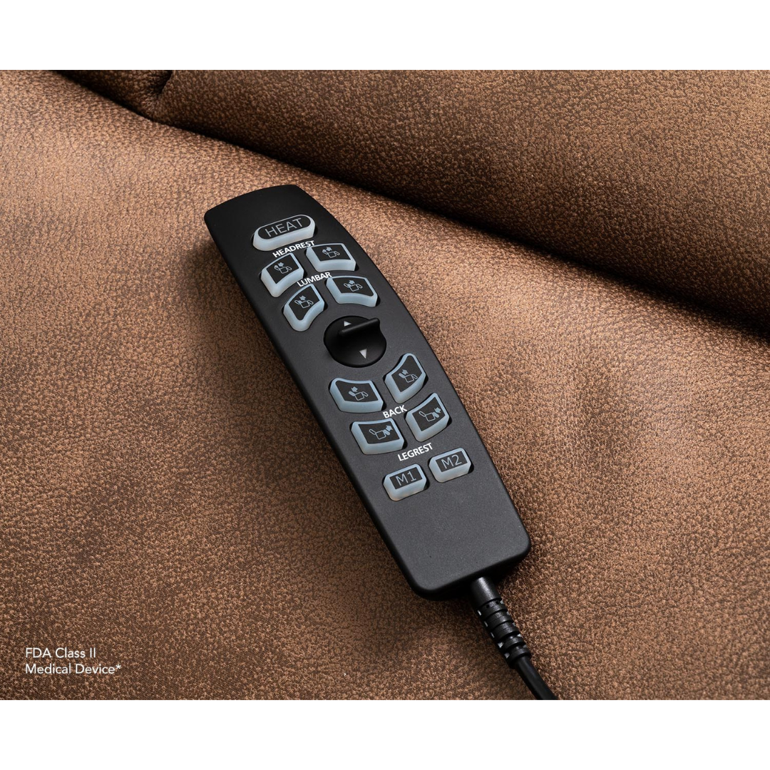 A black remote for the Pride Mobility VivaLift! Radiance Recliner with Lift Assist & Heat, featuring labeled HEAT and infinite position buttons, rests on brown textured fabric, with a cord extending from its base.