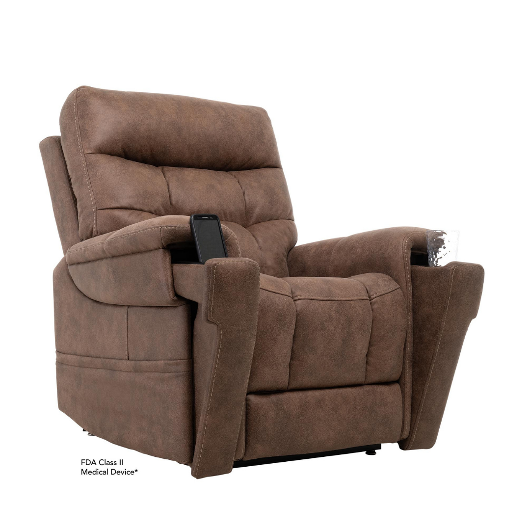 Pride Mobility VivaLift! Radiance Recliner with Lift Assist & Heat features plush brown upholstery, wide armrests, built-in right cup holder, left remote for infinite positioning, and is an FDA Class II Medical Device.