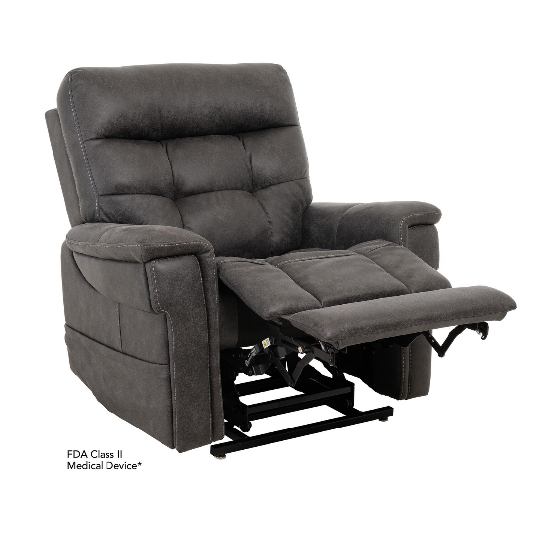 The Pride Mobility VivaLift! Radiance Recliner with Lift Assist & Heat is shown in dark gray upholstery, partially reclined with plush cushioning, infinite positioning, and extended footrest on a white background. Text: FDA Class II Medical Device.