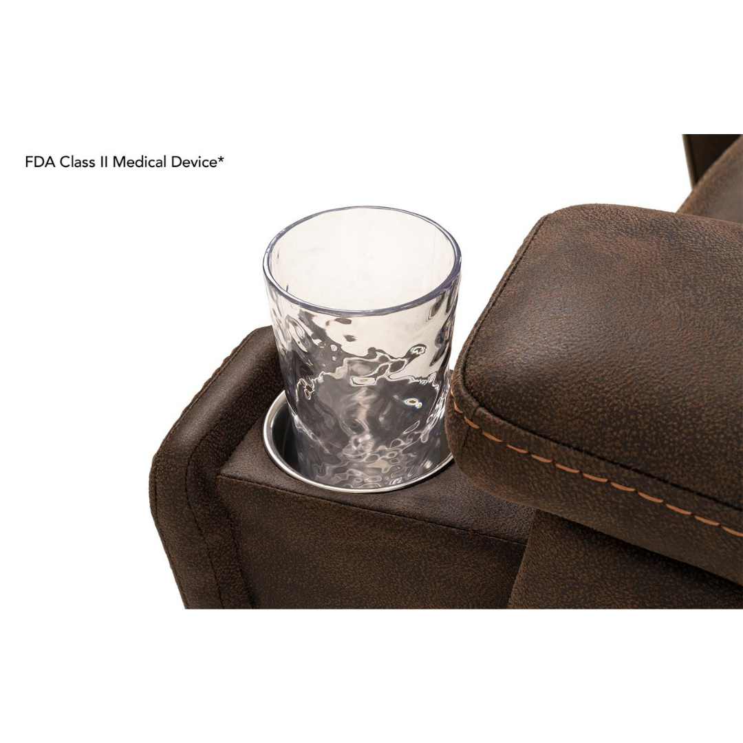 A clear glass of water rests in a built-in cup holder of the brown, textured Pride Mobility VivaLift! Radiance Recliner with Lift Assist & Heat. Text on the image reads, FDA Class II Medical Device*.