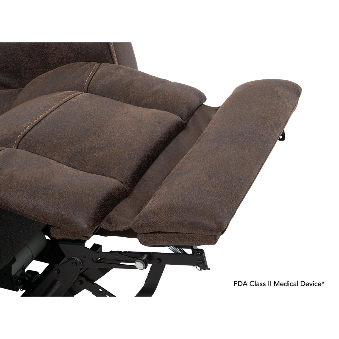 Close-up of the Pride Mobility VivaLift! Radiance Recliner with Lift Assist & Heat, showing its extended footrest with plush cushioning and sturdy metal support. Text in the corner reads: FDA Class II Medical Device*.