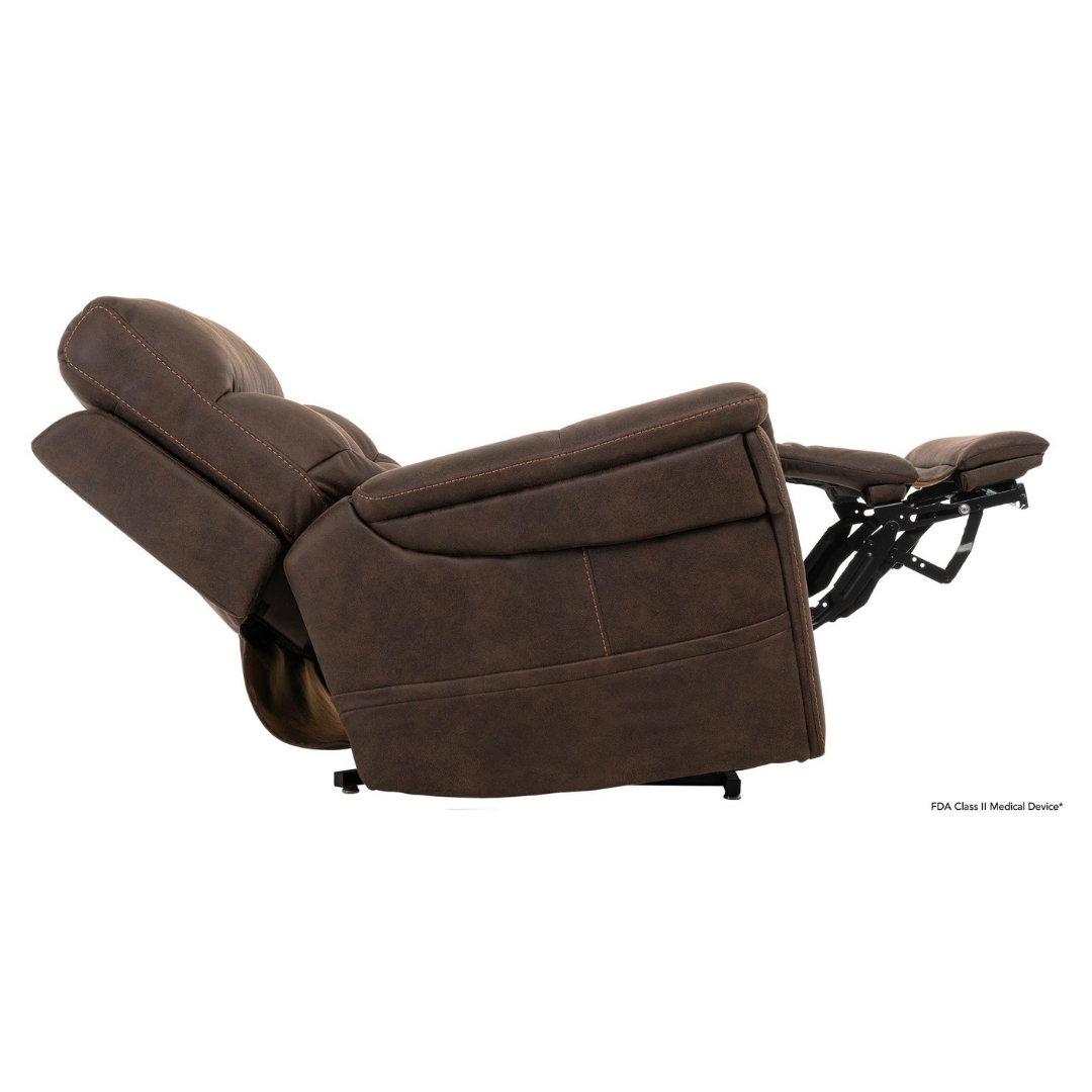 The Pride Mobility VivaLift! Radiance Recliner with Lift Assist & Heat is fully reclined in a side view, featuring a tilted backrest, extended footrest, and infinite positioning, shown against a white background.
