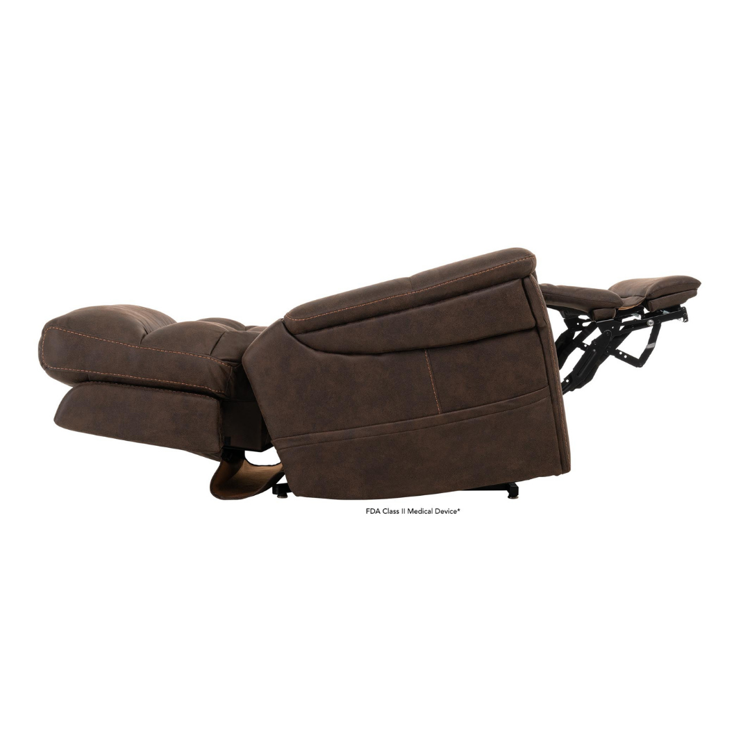 The Pride Mobility VivaLift! Radiance Recliner with Lift Assist & Heat, shown in brown and fully extended, offers infinite positioning for optimal comfort, with the footrest raised and backrest tilted back.
