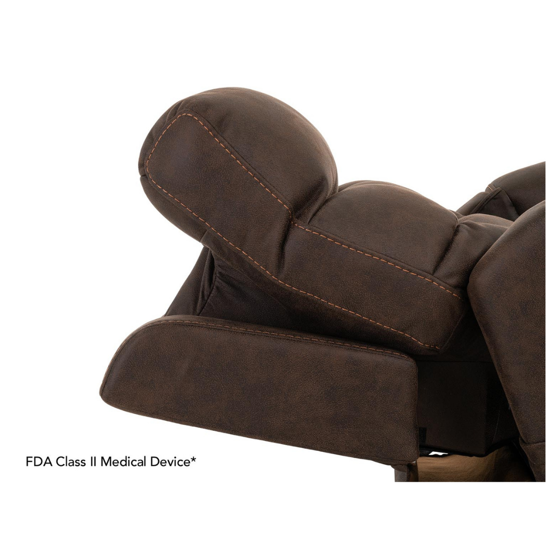 Close-up of the Pride Mobility VivaLift! Radiance Recliner with Lift Assist & Heat in brown upholstery, reclined to show headrest and armrest. Text in corner: FDA Class II Medical Device*.