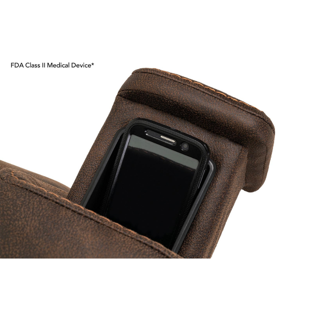 A close-up of the brown leather armrest on the Pride Mobility VivaLift! Radiance Recliner with Lift Assist & Heat, showing a black smartphone in its built-in pocket. This power recliner offers infinite positioning and is an FDA Class II Medical Device.*.