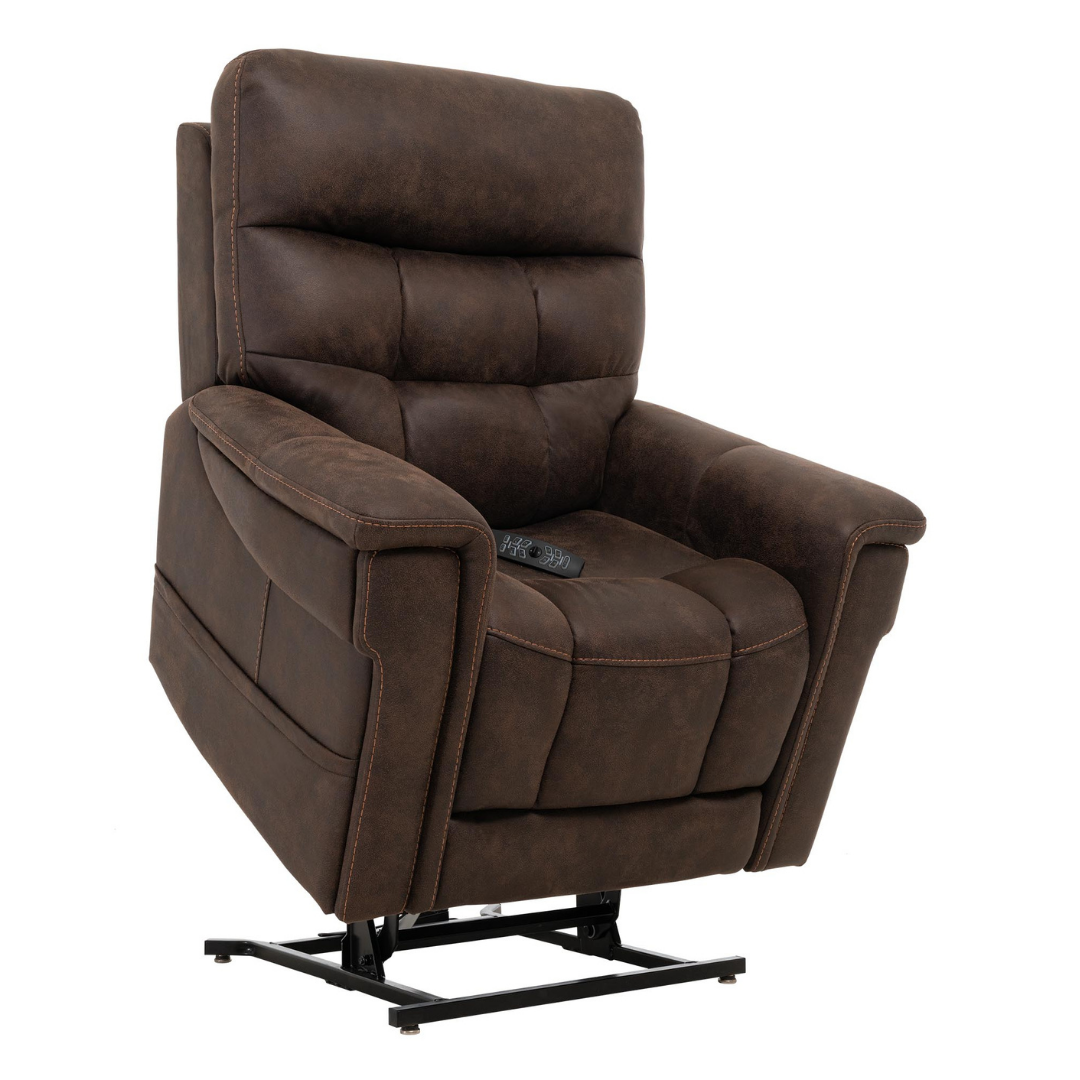 The Pride Mobility VivaLift! Radiance Recliner with Lift Assist & Heat is a dark brown leather power chair with padded cushions, armrests, infinite positioning on a black metal base, and a remote control on the seat.