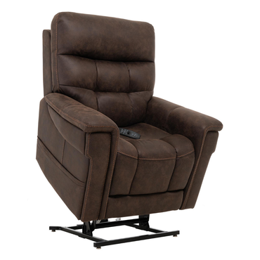 The Pride Mobility VivaLift! Radiance Recliner with Lift Assist & Heat is a dark brown leather power chair with padded cushions, armrests, infinite positioning on a black metal base, and a remote control on the seat.