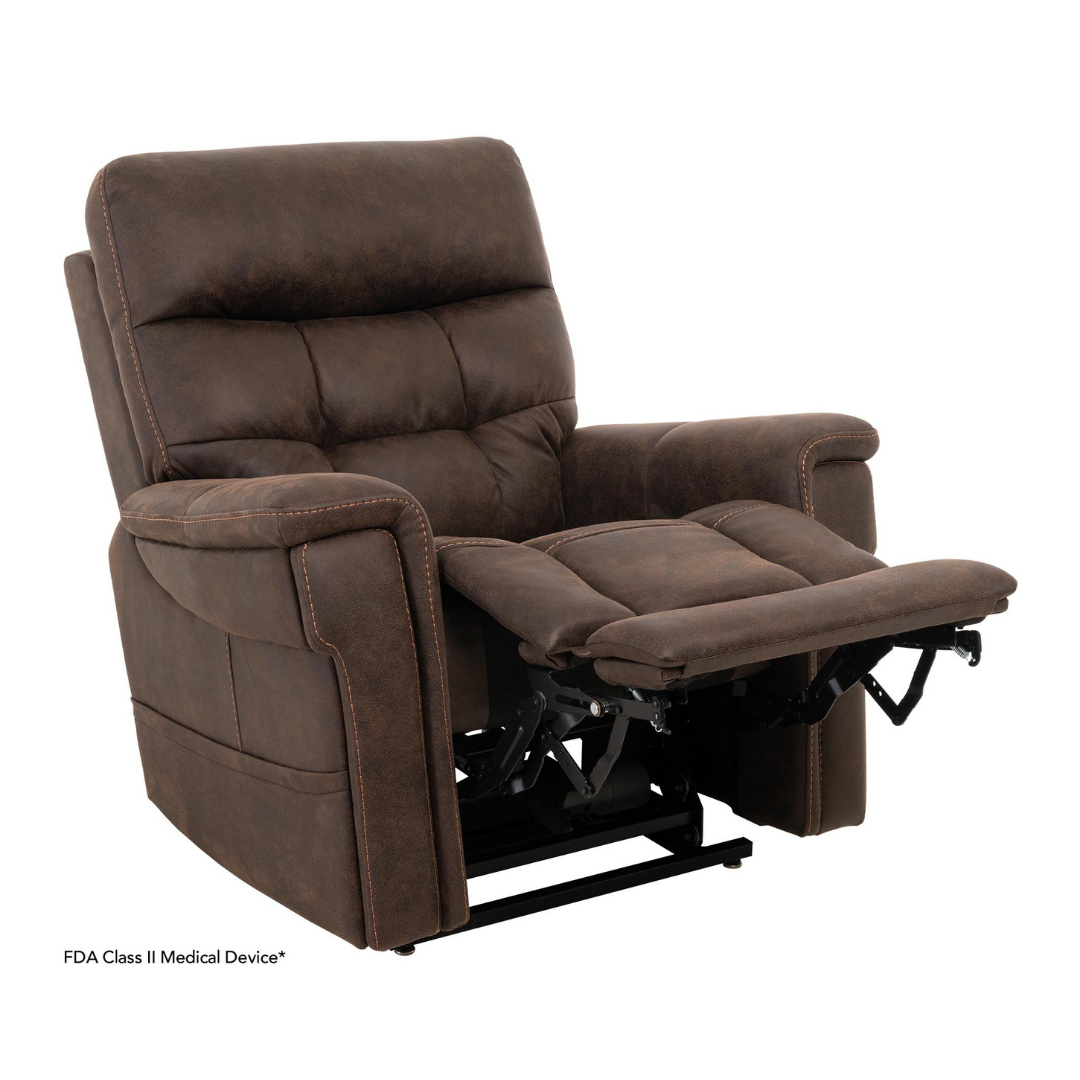 The Pride Mobility VivaLift! Radiance Recliner with Lift Assist & Heat is a brown, plush power recliner with visible stitching, infinite positioning for custom comfort, and shown partially reclined with the footrest extended.