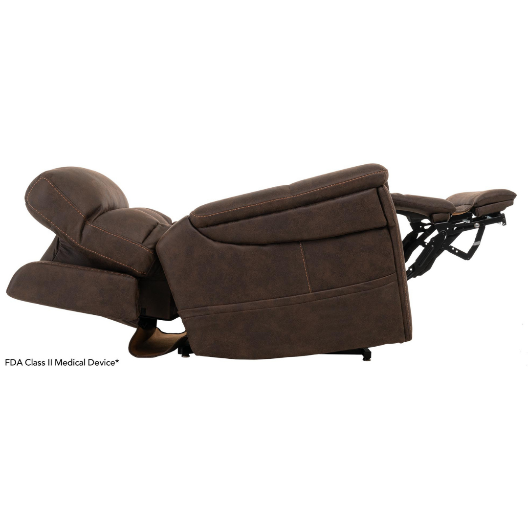 The Pride Mobility VivaLift! Radiance Recliner with Lift Assist & Heat is shown fully reclined with a tilted backrest, extended footrest, padded cushions, textured fabric upholstery, and infinite positioning for customized comfort.