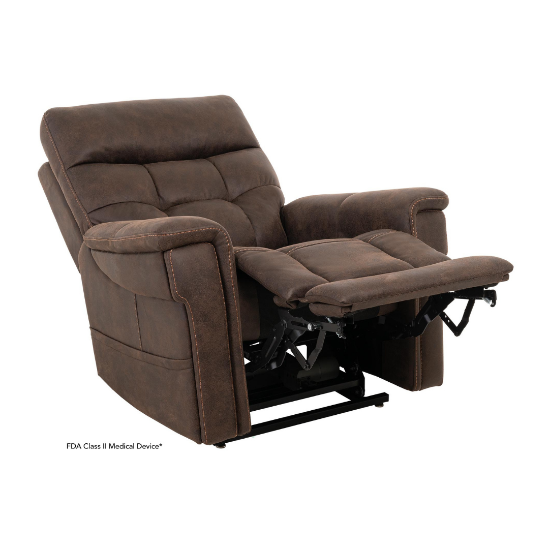 The Pride Mobility VivaLift! Radiance Recliner with Lift Assist & Heat is a brown, plush chair with padded armrests and backrest, infinite positioning, visible stitching, leather-like texture, and side heat shown partially reclined with the footrest extended.