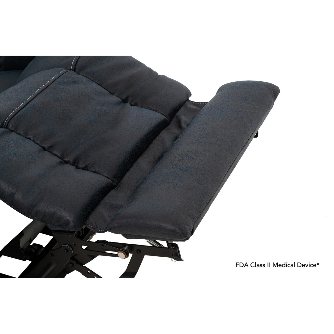 Close-up of the dark blue padded leg rest on the Pride Mobility VivaLift! Radiance Recliner with Lift Assist & Heat, shown extended with visible stitching and metal support. Corner text: FDA Class II Medical Device*.