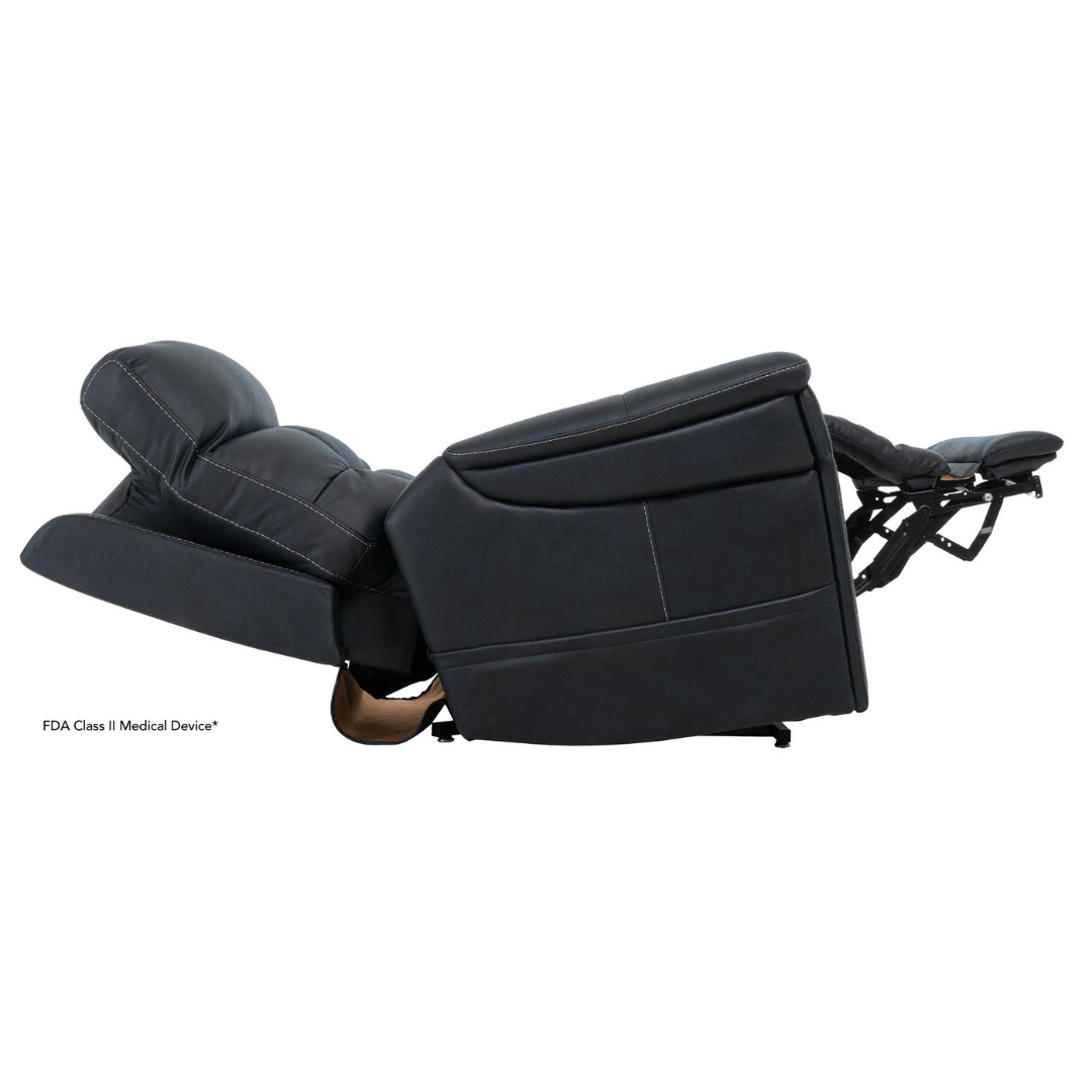 The Pride Mobility VivaLift! Radiance Recliner with Lift Assist & Heat features a dark finish, infinite positioning for personalized comfort, an extended footrest, and a tilted backrest for optimal support when fully reclined.