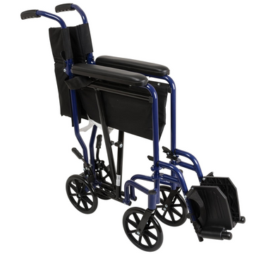The ProBasics Aluminum Lightweight Transport Chair, shown in blue with black armrests, footrests, and rear handles from the back-left angle, features a folding design for easy portability and storage.